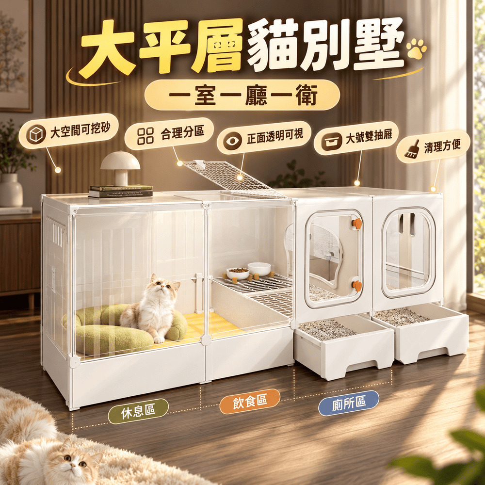 貓別墅 貓籠 貓櫃 貓屋 全景貓房 透氣 隔離帶廁所一體 自帶抽屜式貓砂盆 透明寵物籠子 140*45*52公分