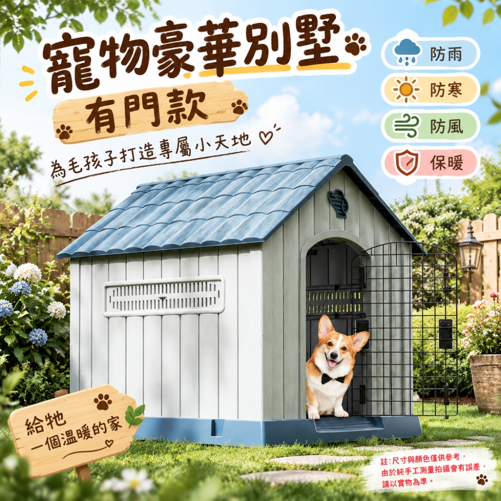 意馳YICHI 台灣現貨 狗屋 戶外塑膠寵物別墅 有門設計通風窗口 PP 材質 柯基中小型犬室內外狗窩