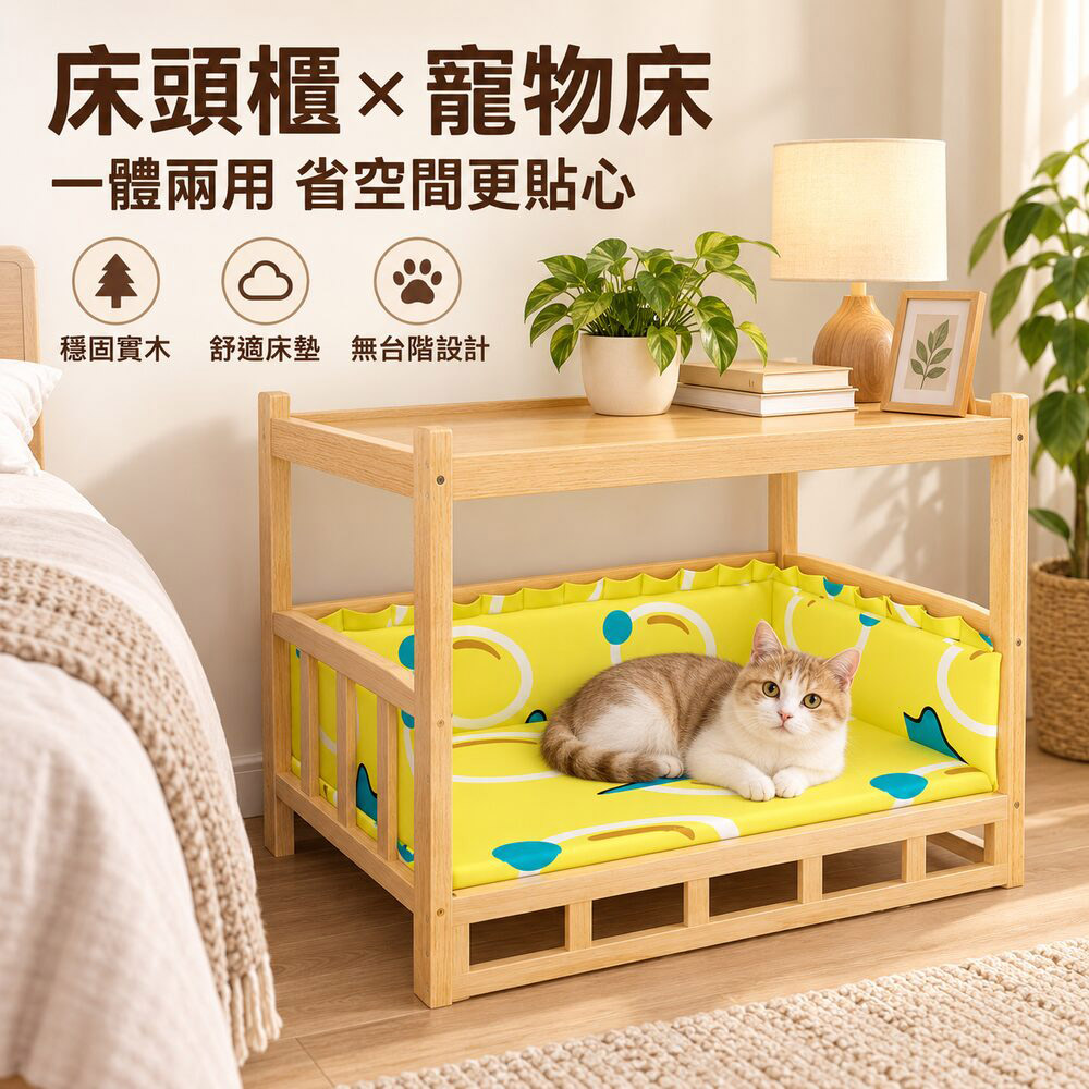 WOG 窩居 實木寵物床邊櫃 狗狗床貓床二合一 可拆洗寵物窩 寵物休憩台 常規款 M-60*45*65-10斤以內