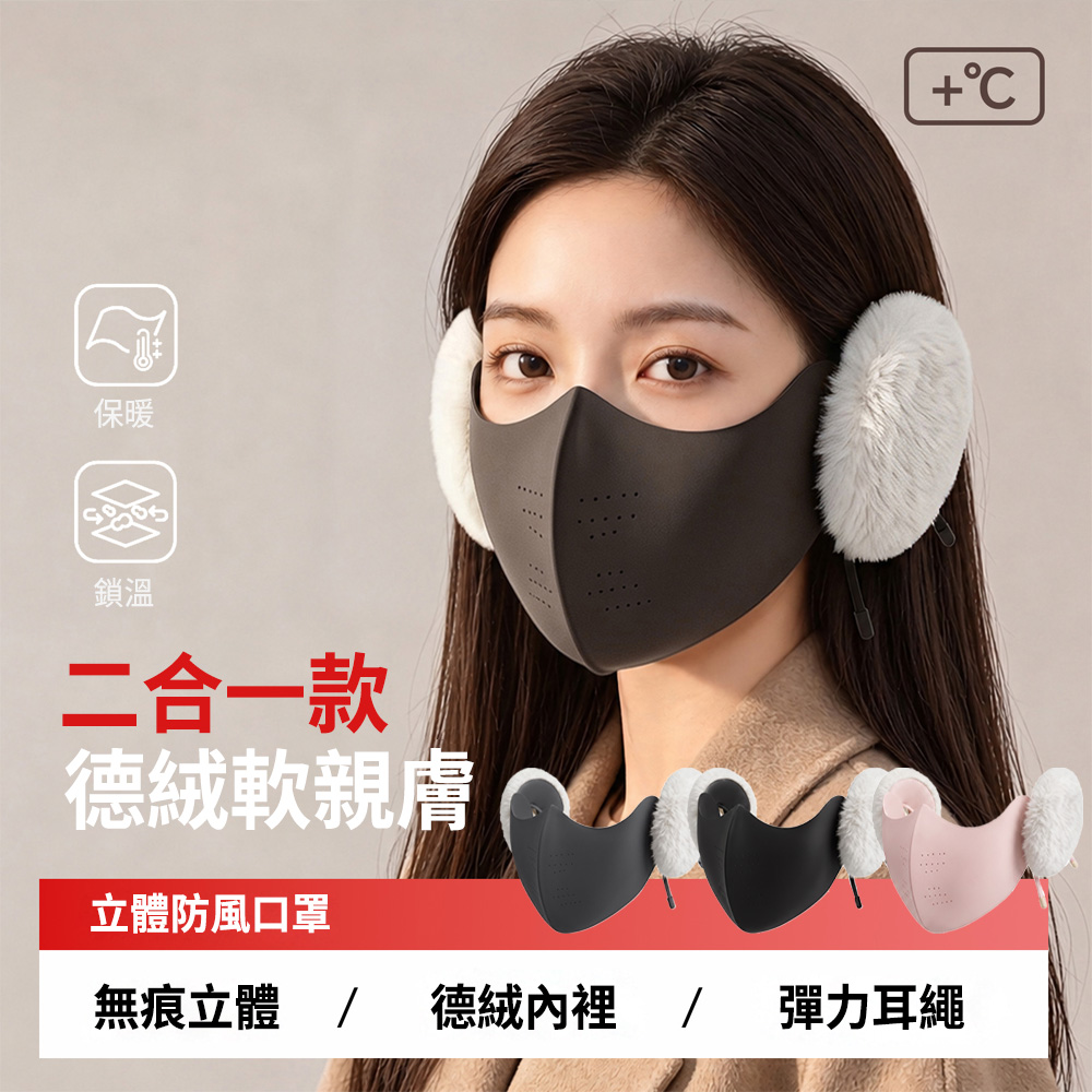 MUAN 秋冬德絨二合一防風護耳口罩(毛絨耳套/騎行防寒面罩/保暖口罩/機車通勤必備)