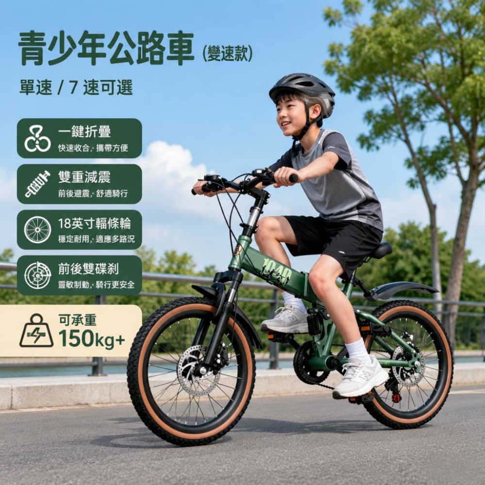 巧可 18寸7速折疊山地車 青少年休閒自行車 男生女生代步腳踏車 中大童單車 簡安裝 折疊收納