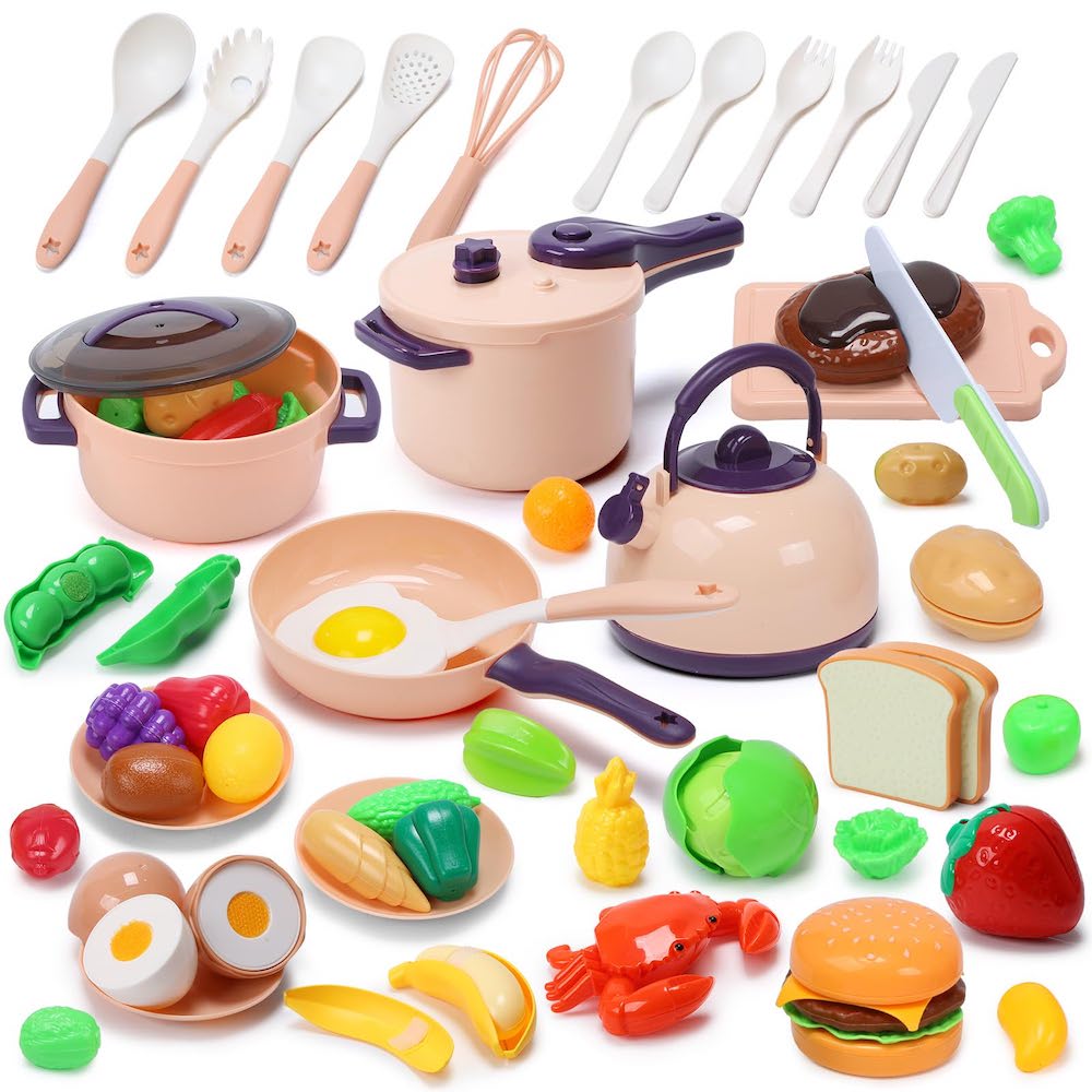 CuteStone 盟石 兒童廚房玩具家家酒玩具50件組(仿真廚具壓力鍋/切切樂/美味漢堡/角色扮演/生日禮物/交換禮物)