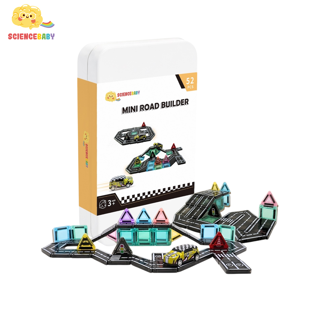 ScienceBaby 道路小磁片52片-附小車|2歲+|3.75cm迷你磁力片|城市道路 交通主題 STEAM玩具