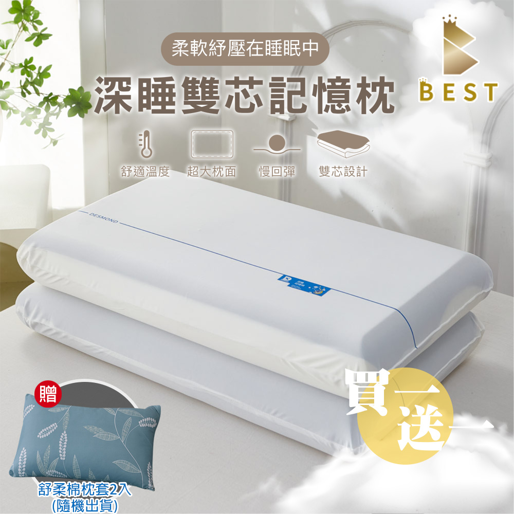 頂級深睡雙芯記憶枕 2入 護頸慢回彈 零壓力超熟睡 尼龍表布親膚透氣(獨家贈舒柔棉枕套2入)隨機出貨