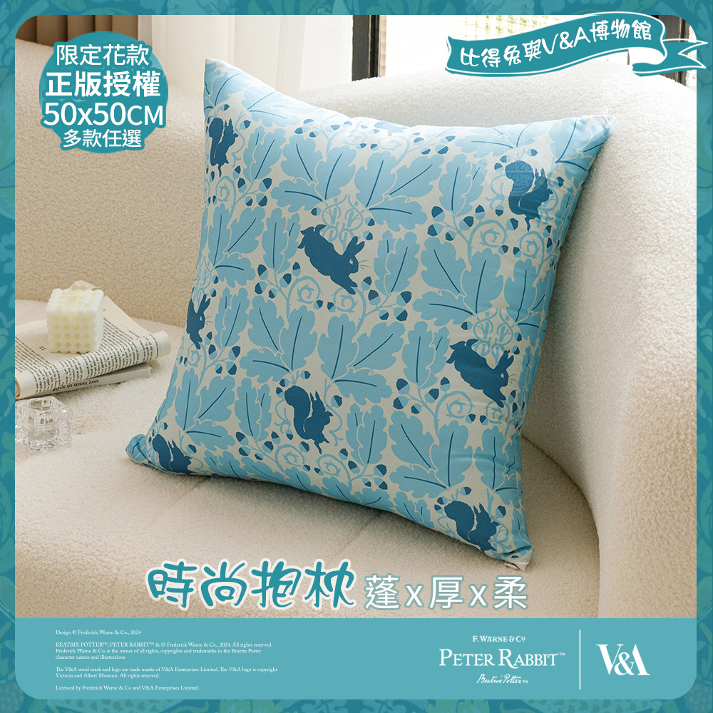 PETER RABBIT 比得兔 藍月光-時尚抱枕(50x50cm/正版授權/大抱枕/比得兔與V&A博物館)