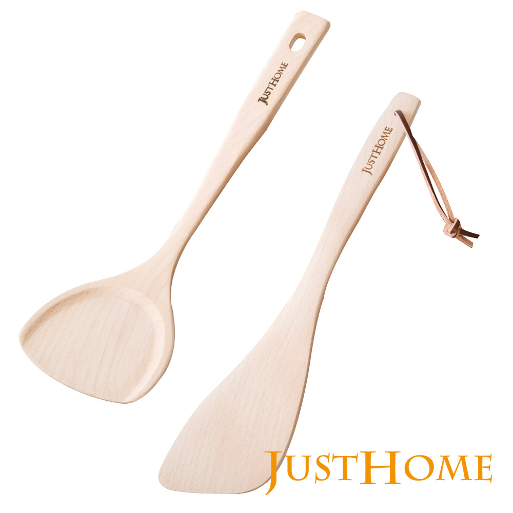 【Just Home】台灣製原木無上漆煎鏟+斜木鏟(2件組)