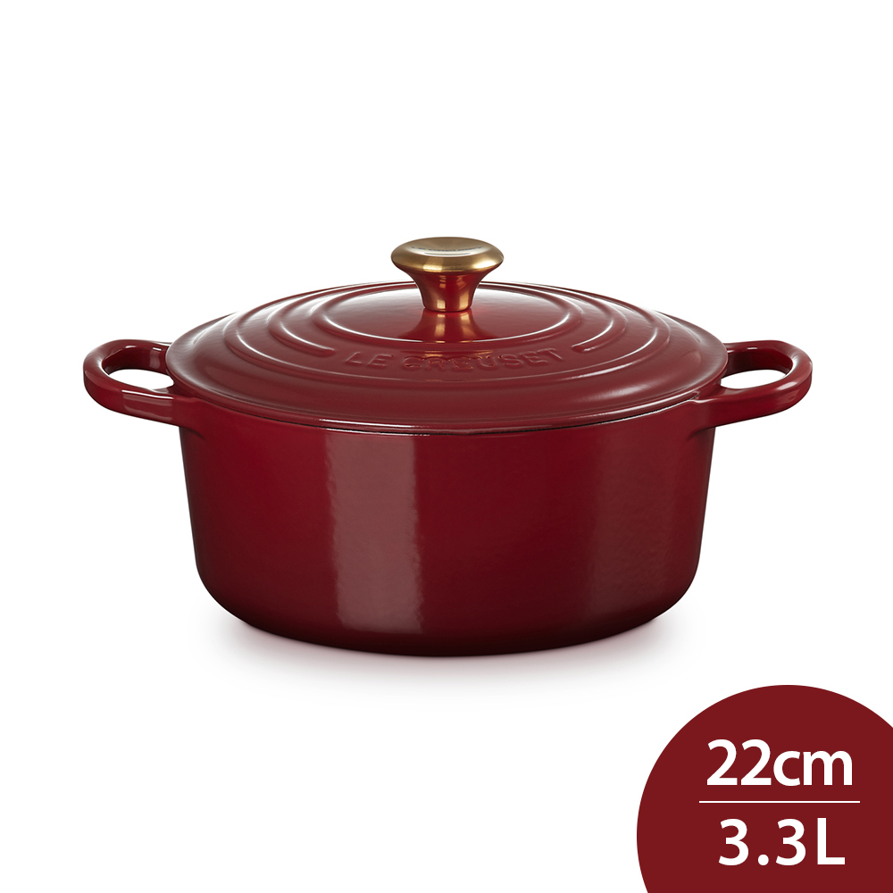LE CREUSET 典藏圓形鑄鐵鍋 22cm 3.3L 醇酒紅 金頭 法國製 湯鍋 燉鍋 (電磁爐 IH爐可用)