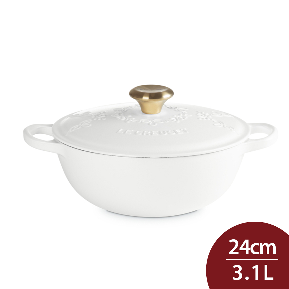 LE CREUSET  永恆花蕾系列 典藏媽咪鑄鐵鍋 24cm 3.1L 棉花白 淡金頭 法國製 (電磁爐 IH爐可用)