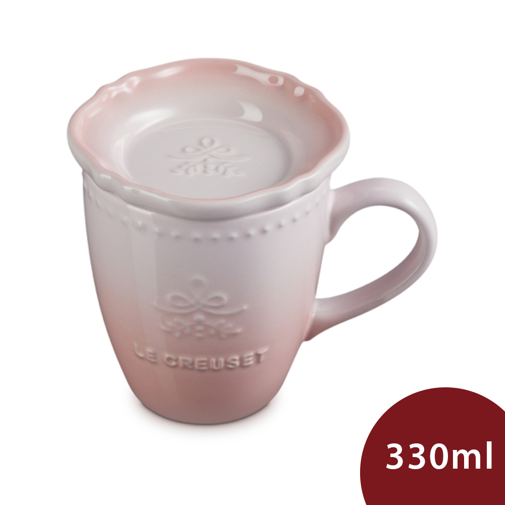 LE CREUSET  永恆花蕾系列 馬克杯 330ml 附蓋 貝殼粉 杯盤組