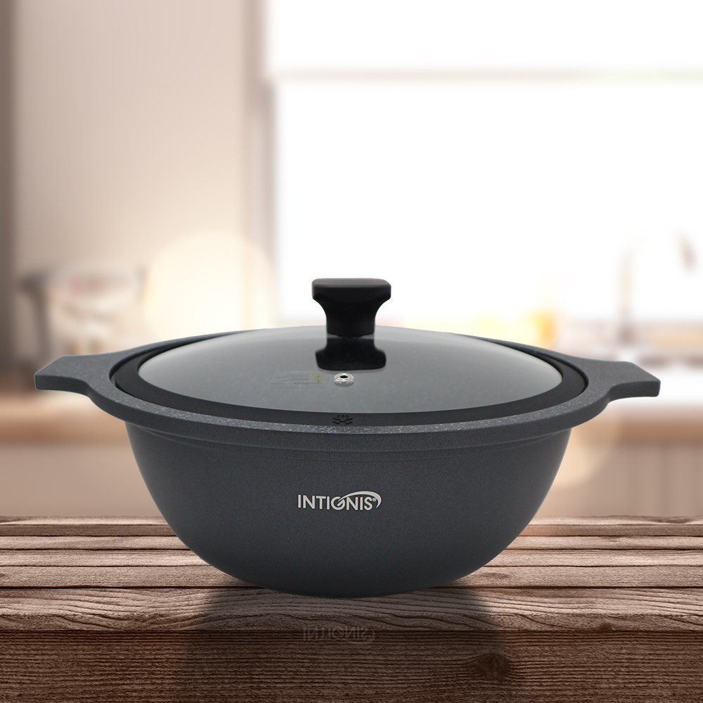 一品川流 英國製 INTIGNIS 大理石鑄造深型砂鍋-32cm-5L-2支 (附玻璃蓋)