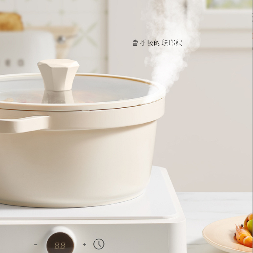 HONDONI 日式琺瑯陶瓷雙耳湯鍋24公分含玻璃蓋不挑爐具KW-24 白色台灣SGS檢驗合格
