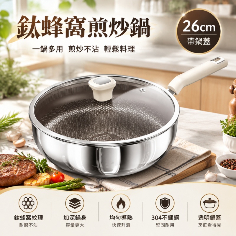 銘利萊 無塗層煎鍋 煎蛋鍋 不銹鋼不粘鍋 廚房煎鍋 電磁爐通用 鈦鋼平底鍋 加深炒鍋 家用平底鍋 26cm