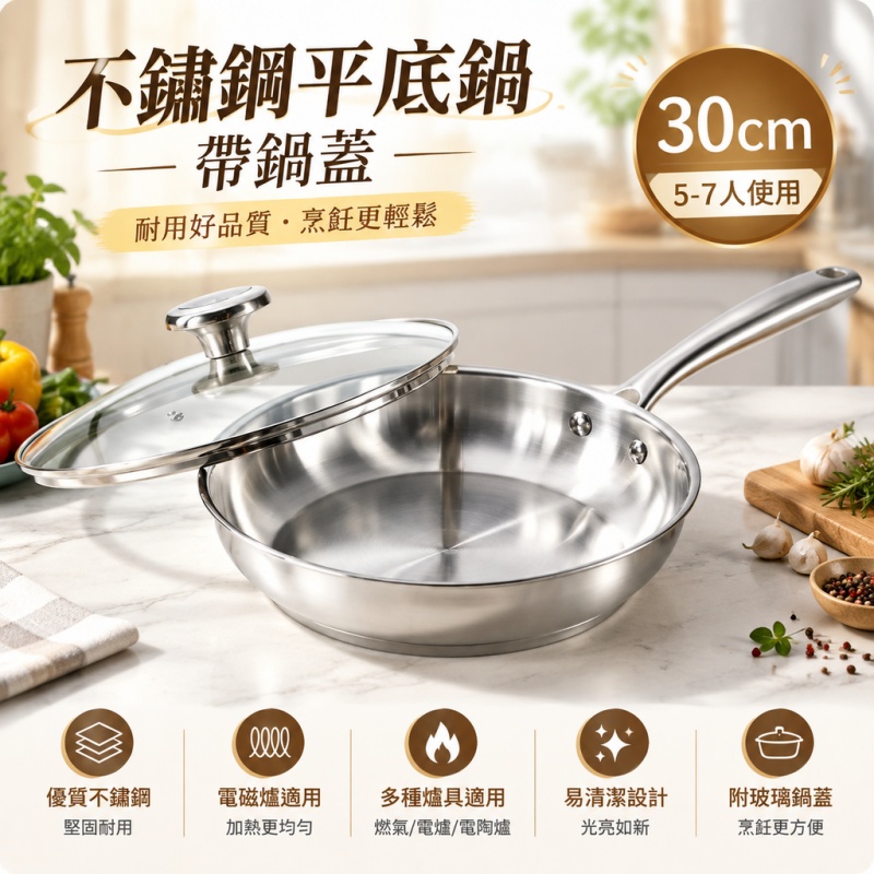 銘利萊 平底鍋 煎鍋 不銹鋼鍋 不粘鍋 煎炒鍋 炒鍋 牛排鍋 家用鍋 無塗層鍋 通用鍋具 不粘易清洗 30cm