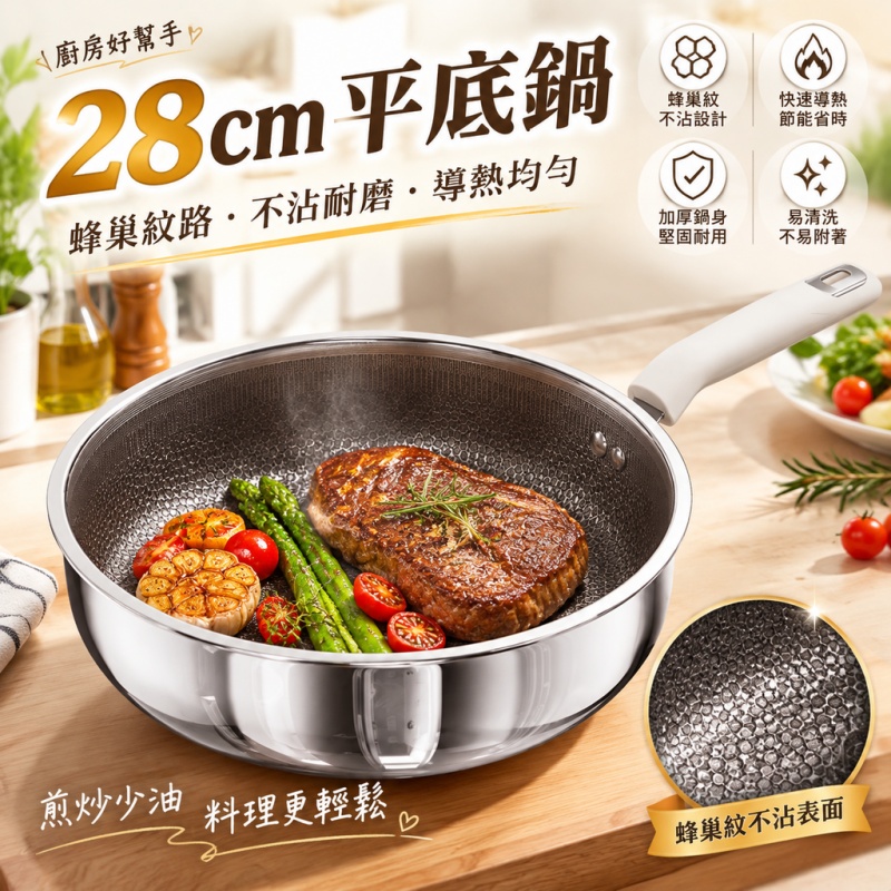 銘利萊 平底鍋 煎蛋鍋 不銹鋼不粘鍋 鈦鋼加深炒鍋 家用牛排鍋 廚房煎鍋 電磁爐通用 無塗層煎鍋 28cm