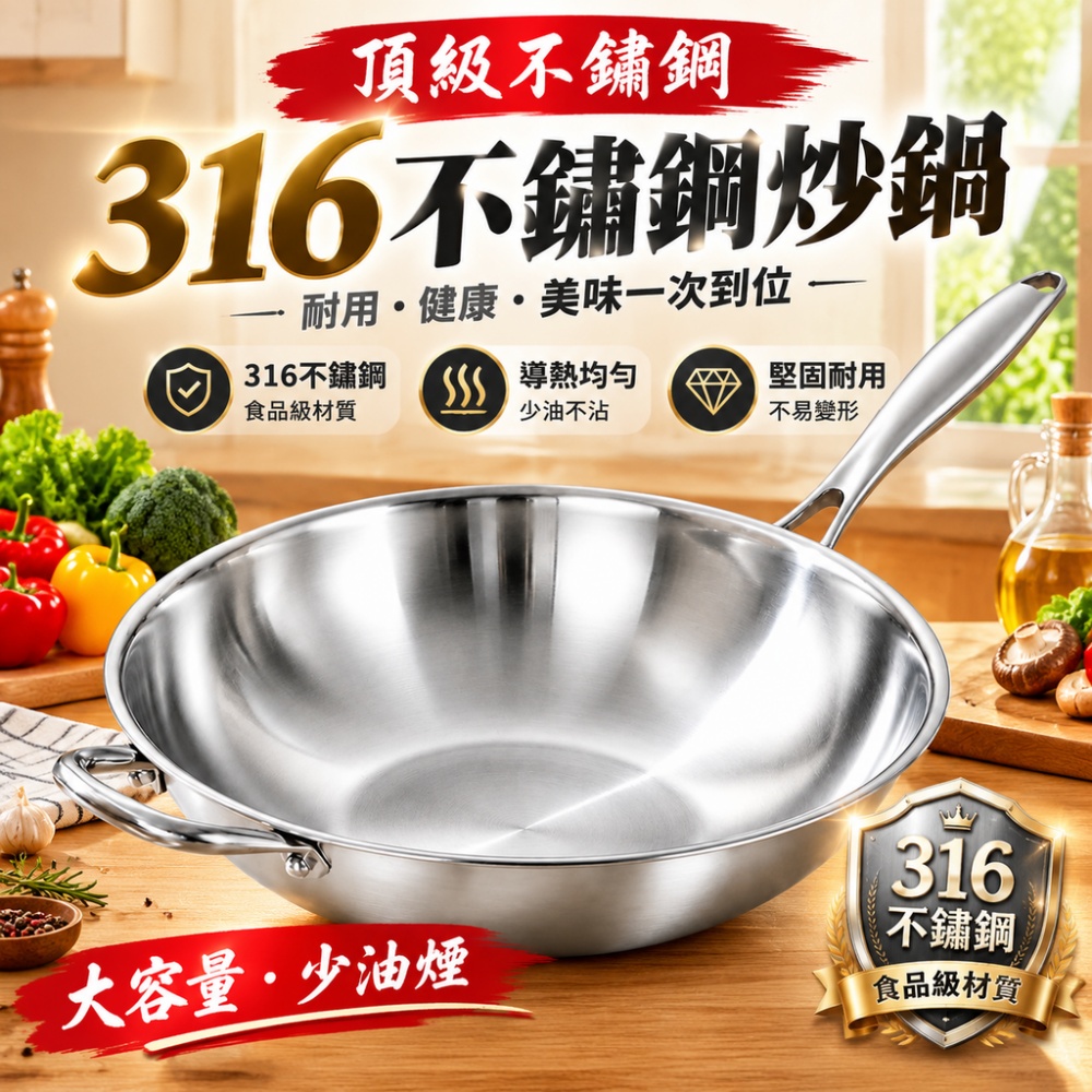 【芸白】炒鍋 炒菜鍋 316 不鏽鋼炒鍋 不鏽鋼炒菜鍋 煎炒鍋 家用炒鍋 爆炒專用鍋 不變形炒鍋 易清洗炒鍋