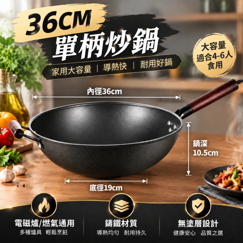 36公分無蓋炒鍋 老式生鐵鑄鐵鍋 炒菜鍋 無塗層家用炒鍋 不粘鍋 煎鍋 鐵鍋 平底鍋 燃氣灶通用炒鍋