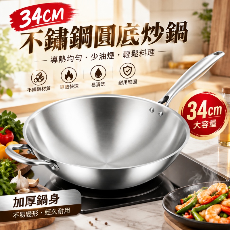 銘利萊 不鏽鋼鍋 無塗層健康 爐灶通用 炒鍋 圓底鍋 煎炒鍋 電磁爐鍋 燃氣鍋 加厚鍋 不粘鍋 料理鍋 34cm