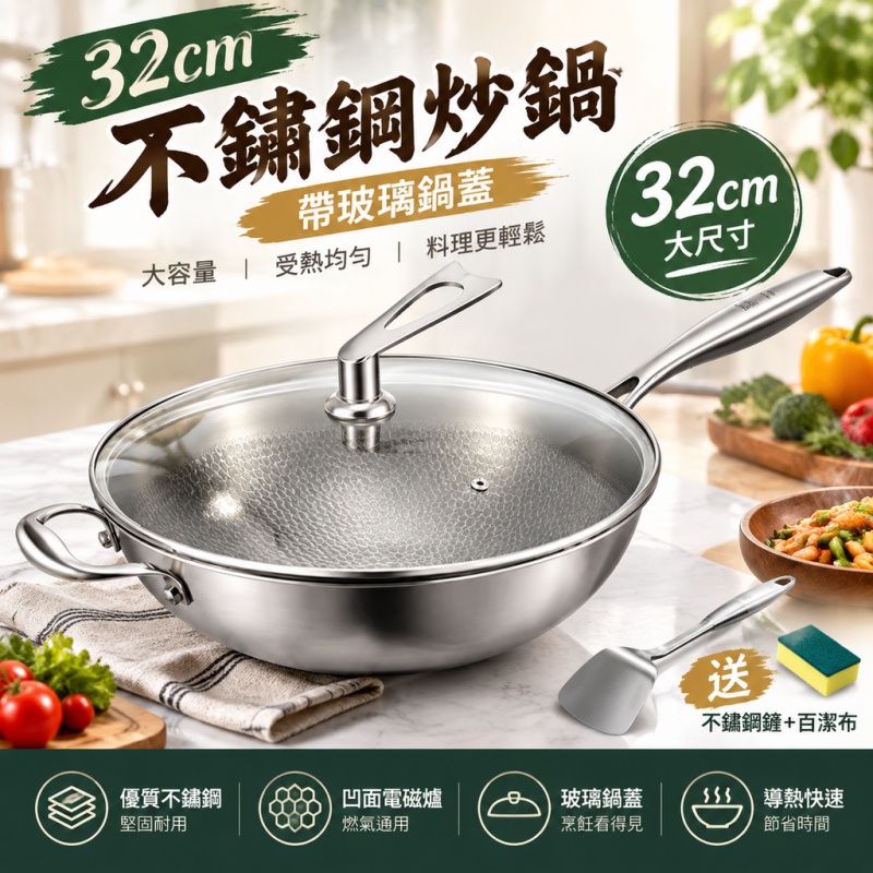 銘利萊 不粘炒鍋 凹面電磁爐鍋 通用款 物理不粘 鈦炒鍋 魚鱗錘紋鍋 圓底炒菜鍋 家用炒鍋 無塗層鍋 32cm