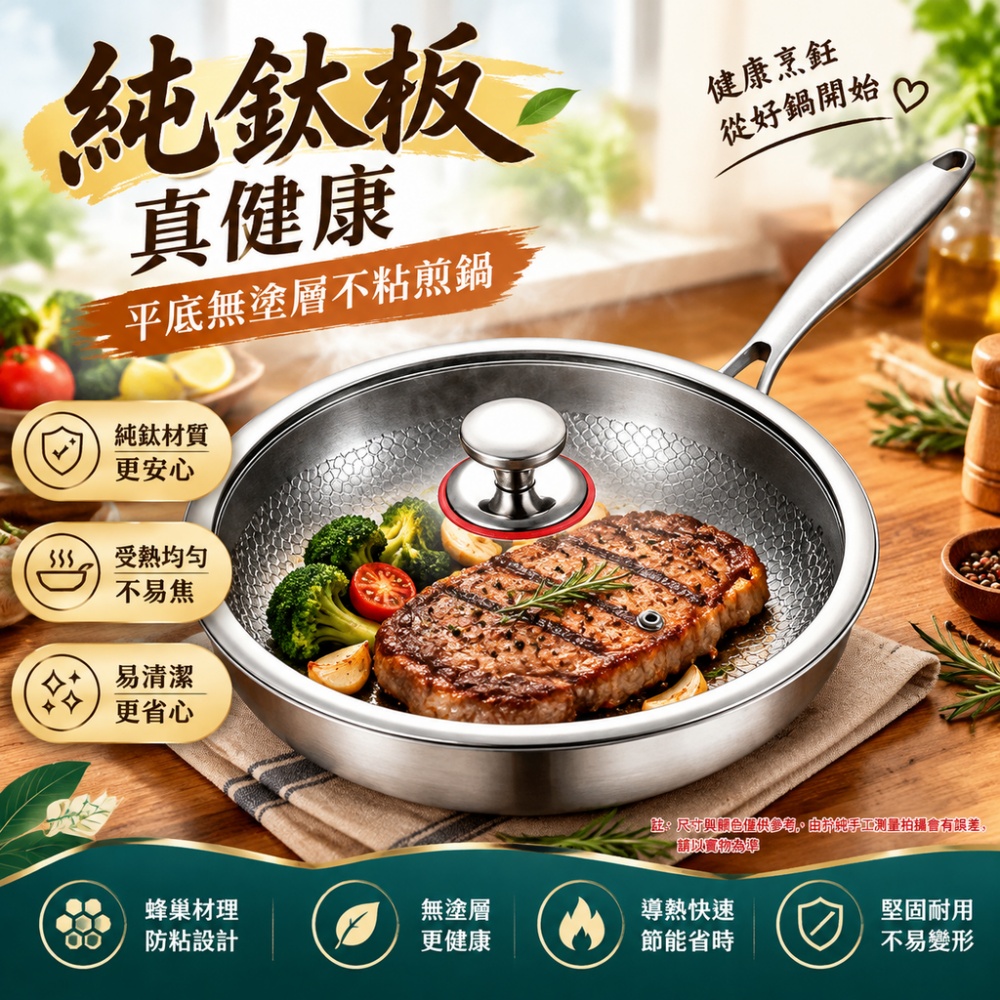 意馳YICHI 台灣現貨 平底煎鍋 28cm 手工錘點鈦煎鍋 鈦 + 304 不鏽鋼一體成型