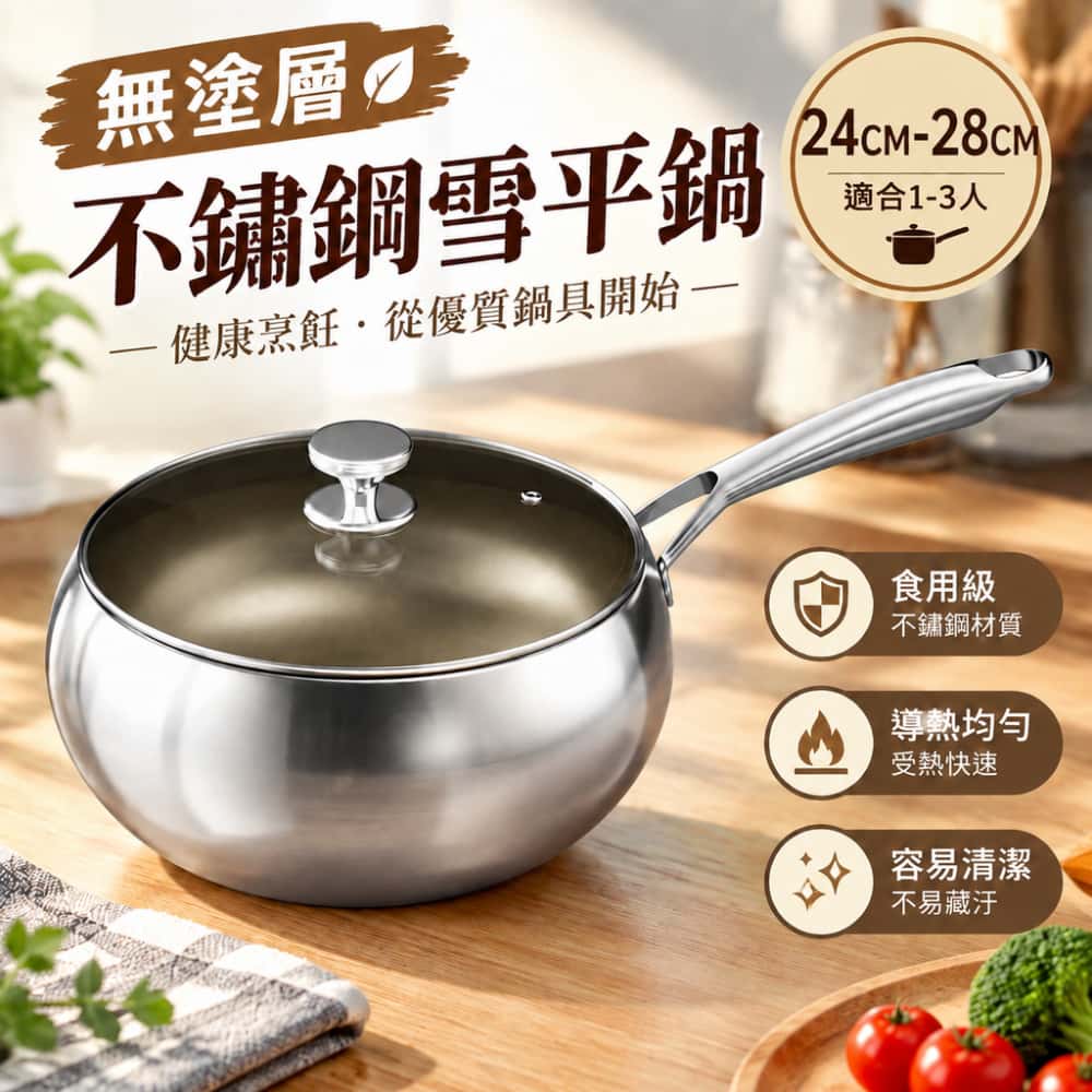 24cm-28cm鈦無塗層不粘鍋 炒菜鍋 家用電磁爐燃氣竈專用平底 不鏽鋼大肚鍋 鈦鍋