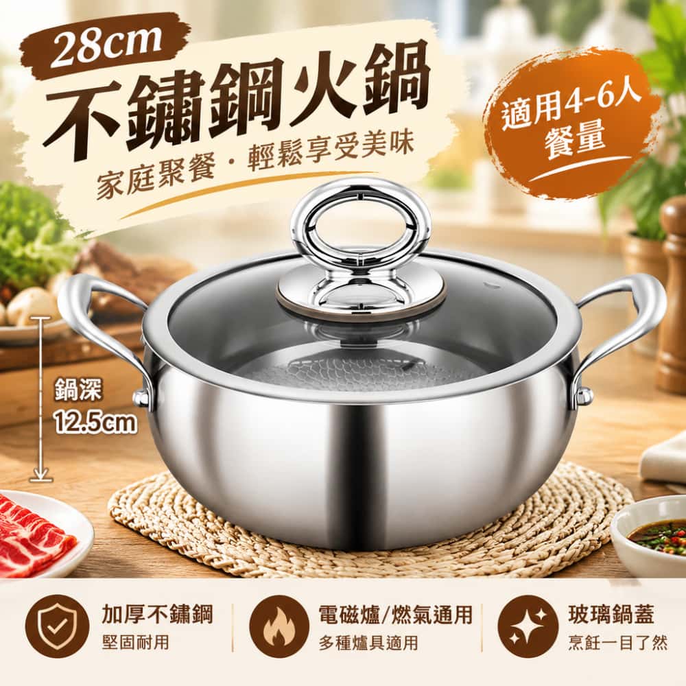 28cm-帶蓋 有鈦湯鍋 家用不粘鍋 食品級大容量大肚鍋 煮粥鍋 電磁爐火鍋盆鈦鍋 大肚鍋 鈦鍋