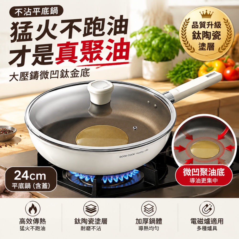 24cm钛鍋 炒菜鍋 炒鍋 無氟塗層鍋 平底鍋 不粘鍋 牛排深煎鍋 電磁爐燃氣竈專用