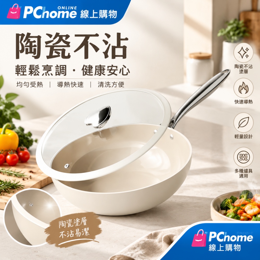 【銘利萊】30cm炒菜鍋 料理鍋 鈦陶瓷不沾鍋 家用炒菜鍋 無塗層平底鍋 家用鵝軟石鍋 電磁爐瓦斯爐通用