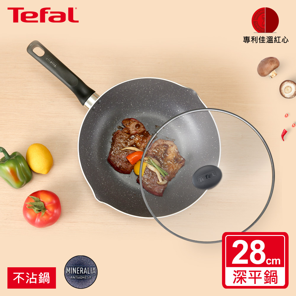 Tefal 特福 法國 全新鈦升級-礦石灰系列28CM萬用型不沾深平鍋+玻璃蓋