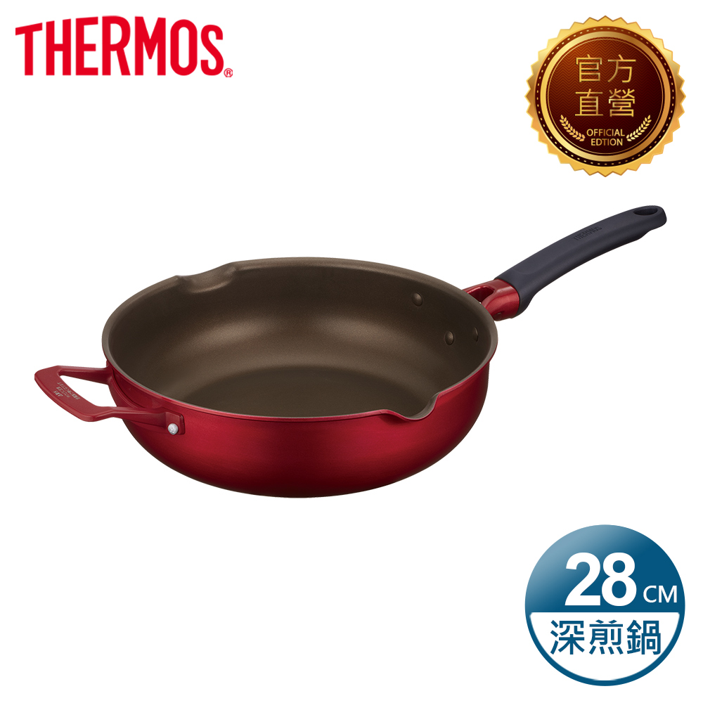 THERMOS 膳魔師 【THERMOS 膳魔師】厚鑄耐摩不沾鍋 單柄附耳深煎鍋28cm(KFJ-028W-R)