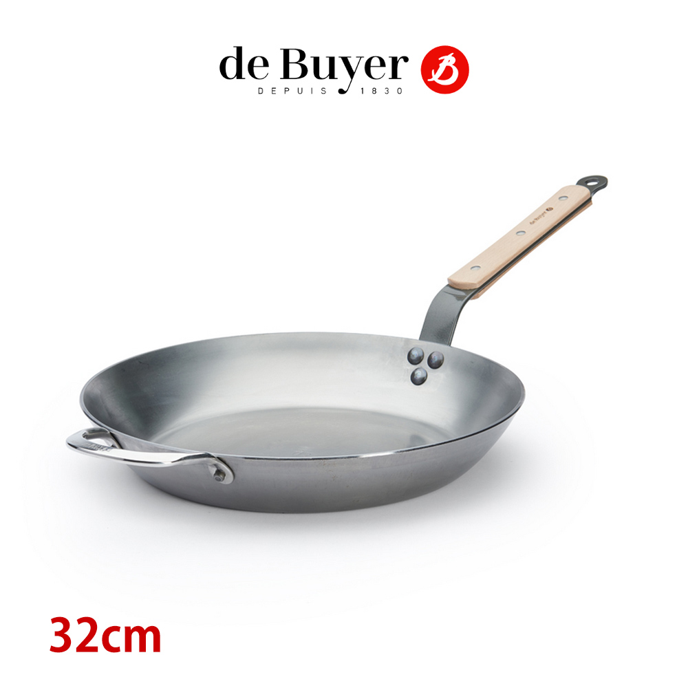 de Buyer 畢耶 法國 原礦蜂蠟系列 櫸木柄平底鍋32cm-附握耳 鐵鍋 平底鍋 法國製