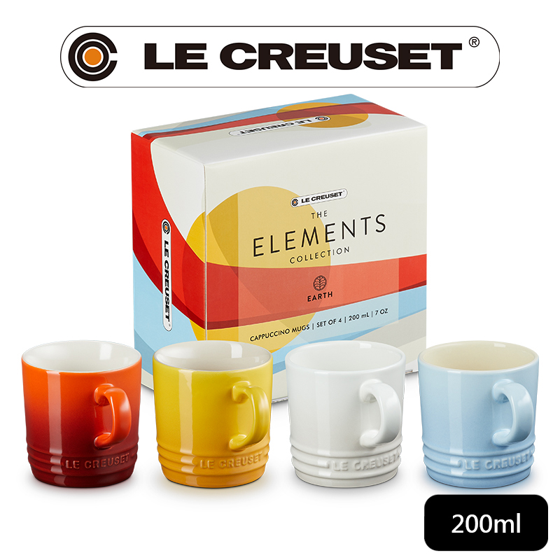 LE CREUSET -瓷器元素精靈系列卡布奇諾杯組200ml-4入(火紅辣椒/杏桃黃/蛋白霜/海岸藍)