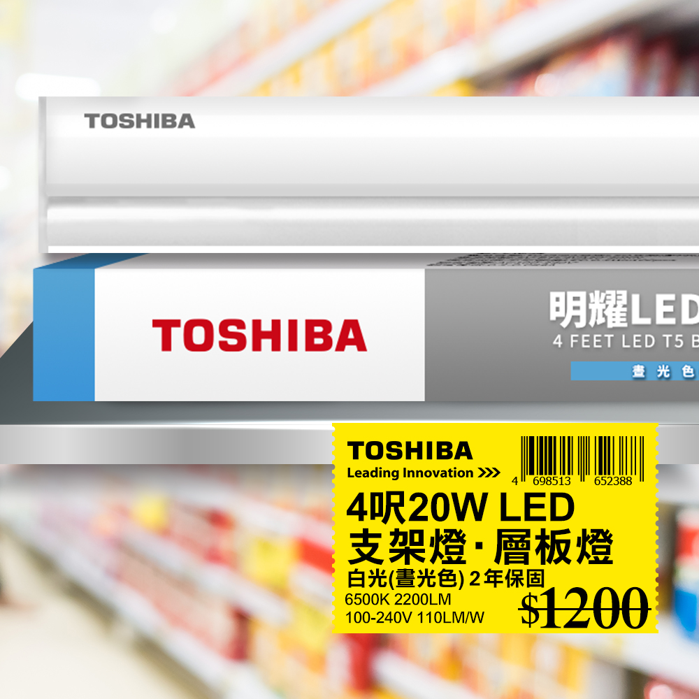 TOSHIBA 東芝 T5 二代 明耀LED支架燈 4呎 20W 白光6500K 1入