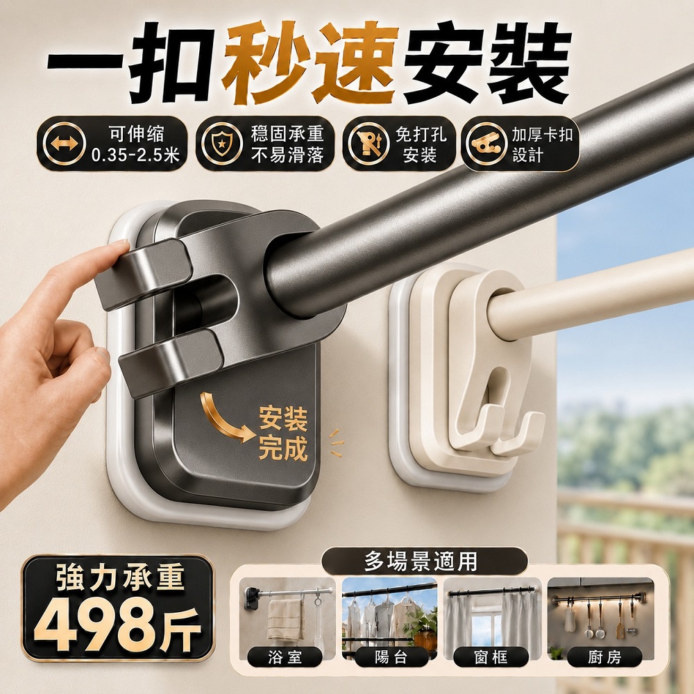 舒室家 免擰速裝伸縮桿 伸縮晾衣桿 浴簾桿 窗簾桿 曬衣桿 75-120公分 自由伸縮 免擰一掰即用 牢固不掉