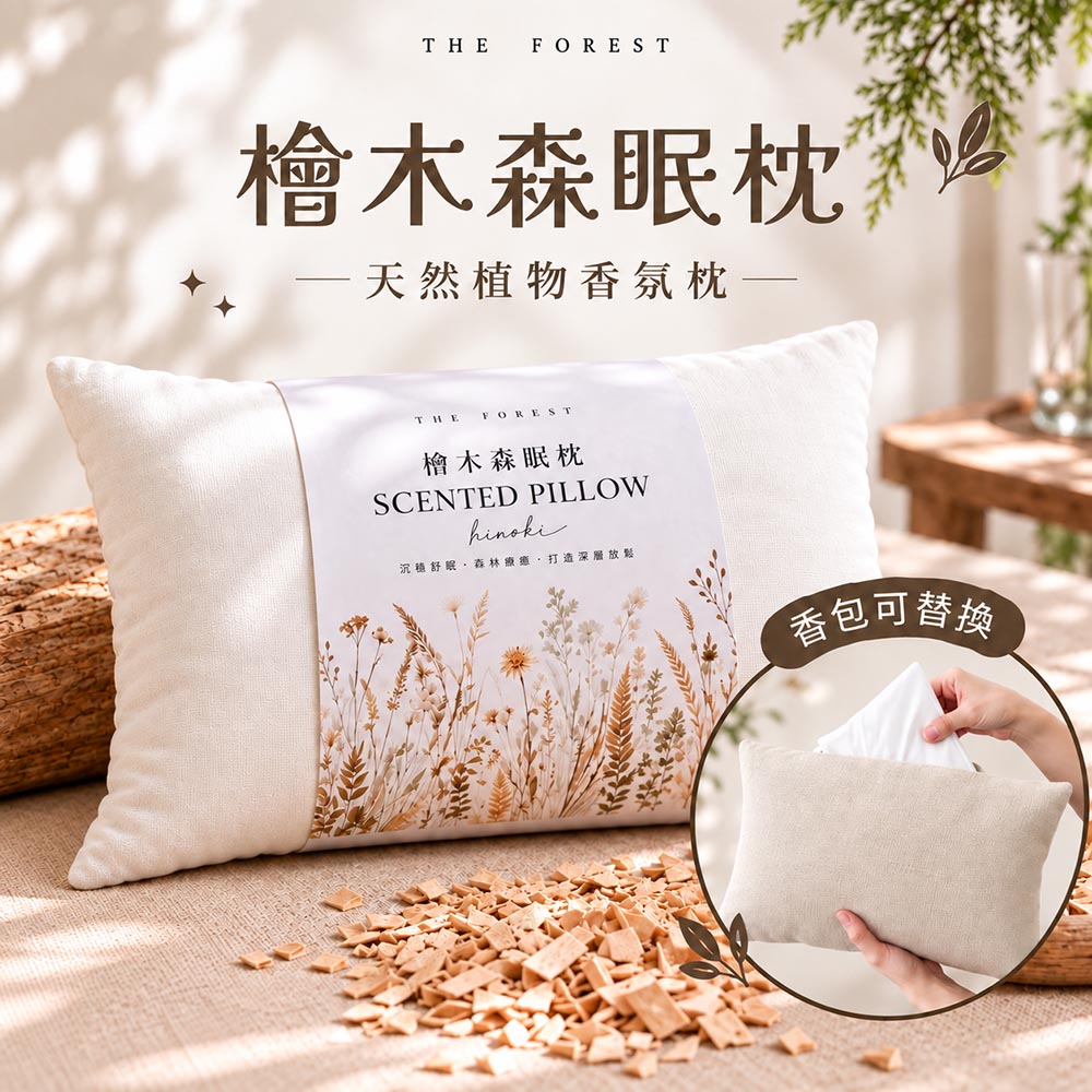 THE FOREST 癒森林 檜木森眠枕禮盒 棉麻透氣枕頭+天然檜木香氛包 舒眠助眠 送禮首選 枕頭香氛包 組合送禮