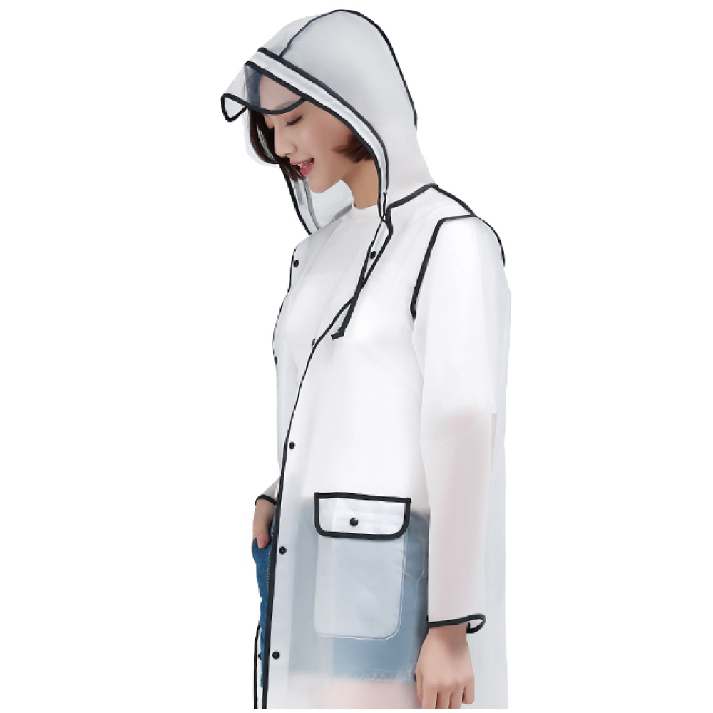 生活良品 -男女款時尚風衣EVA環保雨衣-黑邊款微透白色(4種尺寸可選)1件/袋(柔軟舒適,防水防風,帽沿拉繩,附收納袋,騎士,學生,上班族通勤必備雨具)