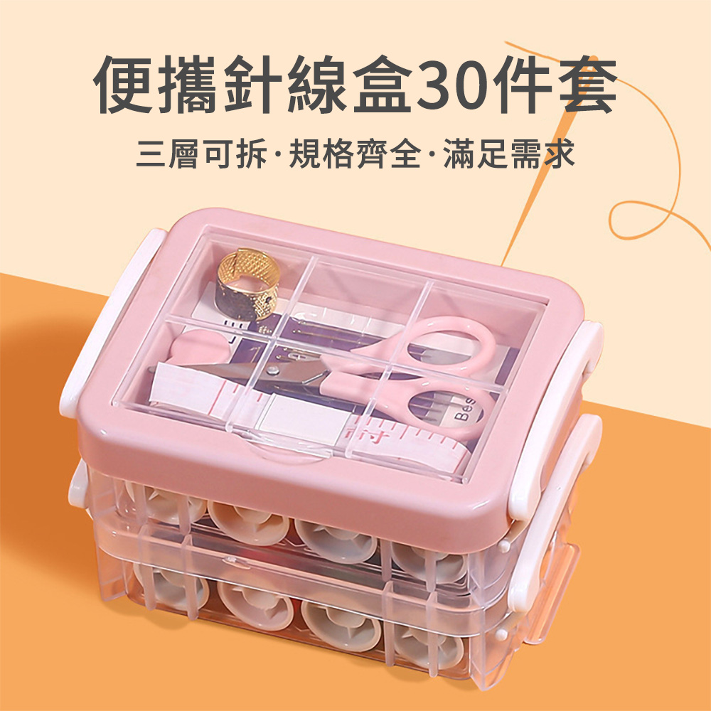 E.Co 三層可拆式針線盒30件套 透明分層針線箱 居家縫韌工具包 迷你便攜手提修補盒 (附16色線卷/剪刀/頂針)