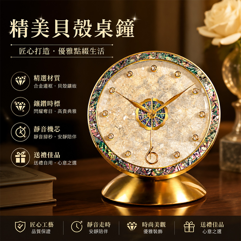 貝殼擺件座鐘 創意台式時鐘 輕奢高級感坐鐘表 高端臺鐘