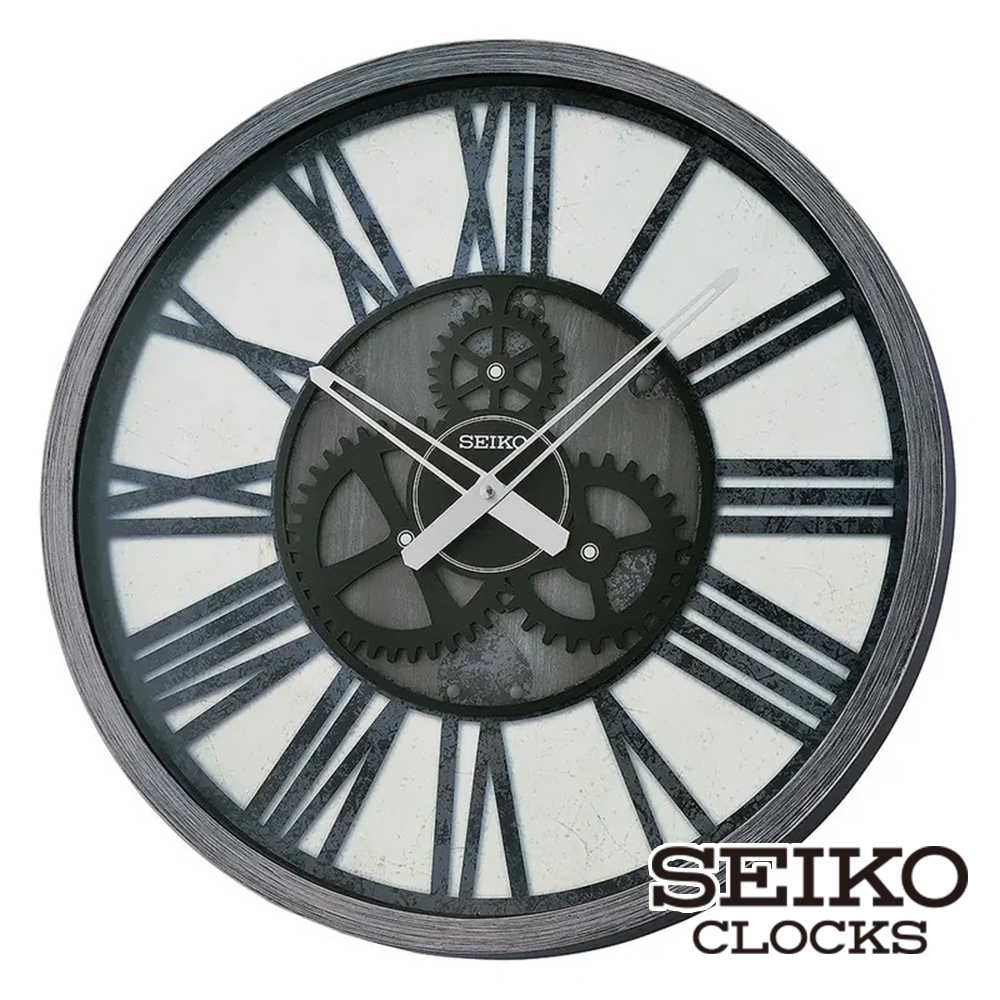 SEIKO 精工黑灰工業風造型羅馬數字顯示時鐘掛鐘QXA826(50cm大鏡面沉穩