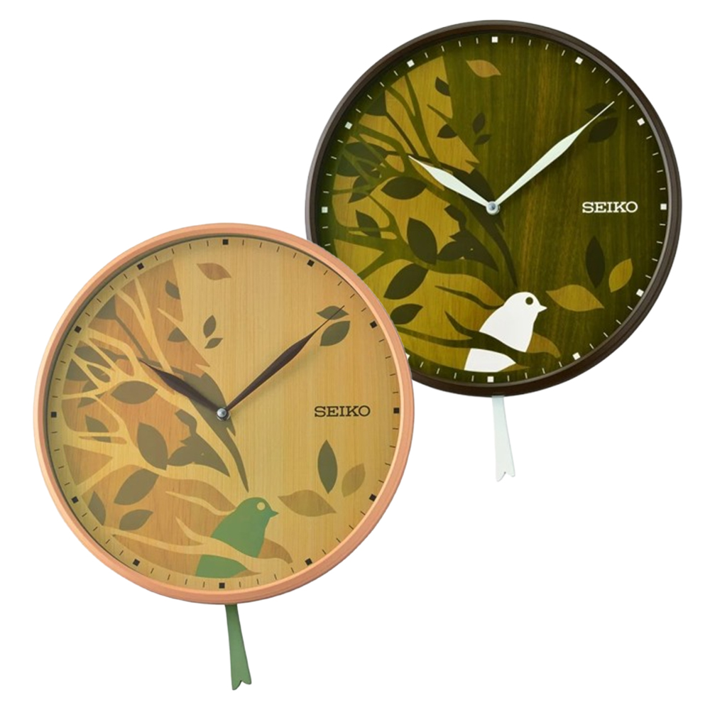 SEIKO 精工小鳥棲息鳥尾擺錘木紋時鐘掛鐘QXC243(極簡時標無秒針