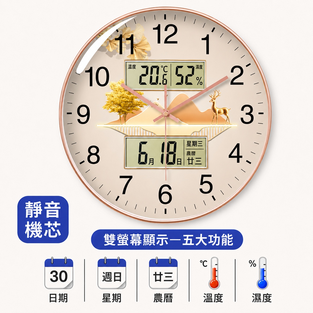 歐林居家Orin 雙屏顯示時鐘 圓形掛鐘 多功能壁掛鐘 雙日曆（14英寸 直徑35.5厘米 S9025雙液顯-金框）