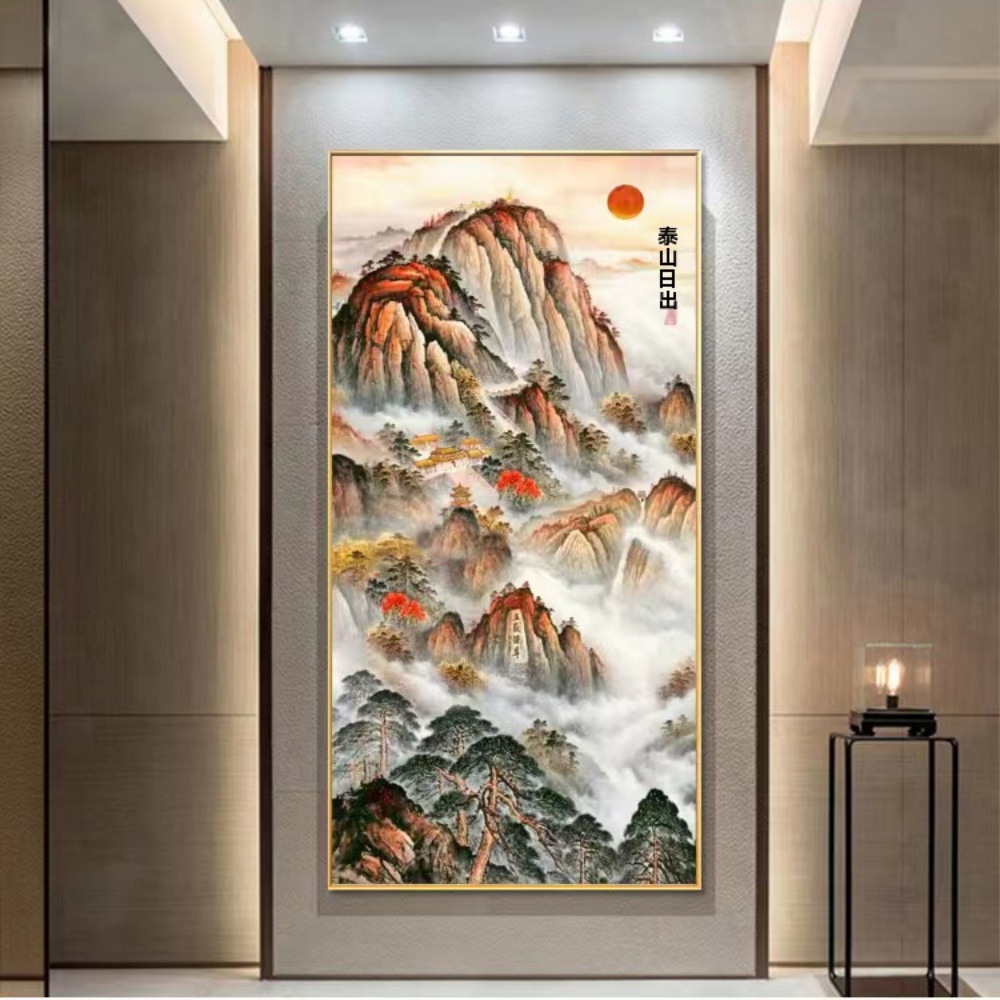 靠山圖 有山無水畫 入戶玄關過道 泰山日出風水 招財壁畫挂畫 60*120CM鋁合金外框+鋼化晶瓷畫