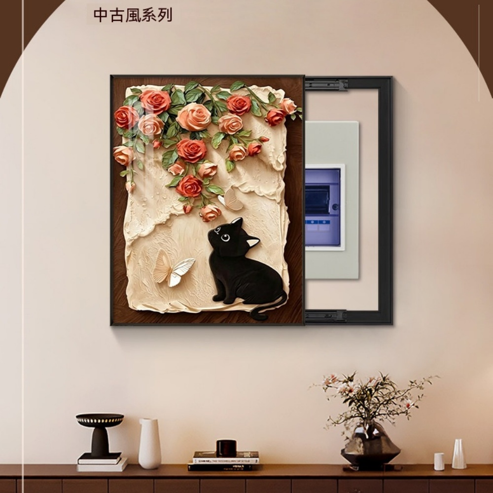 裝飾畫 中古風裝飾畫 貓咪電表箱 裝飾畫 法式復古 配電箱 電閘盒 遮擋掛畫 高級感掛畫 左推拉 40*60cm