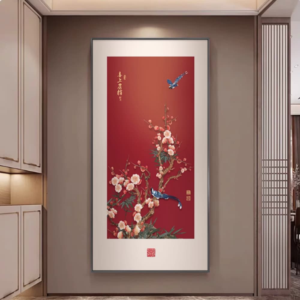 YIMI 依米 70*140cm喜氣盈門玄關裝飾畫 入戶正對門掛畫 紅色寓意走廊過道壁畫 豎幅壁畫 喜鵲梅花豎畫