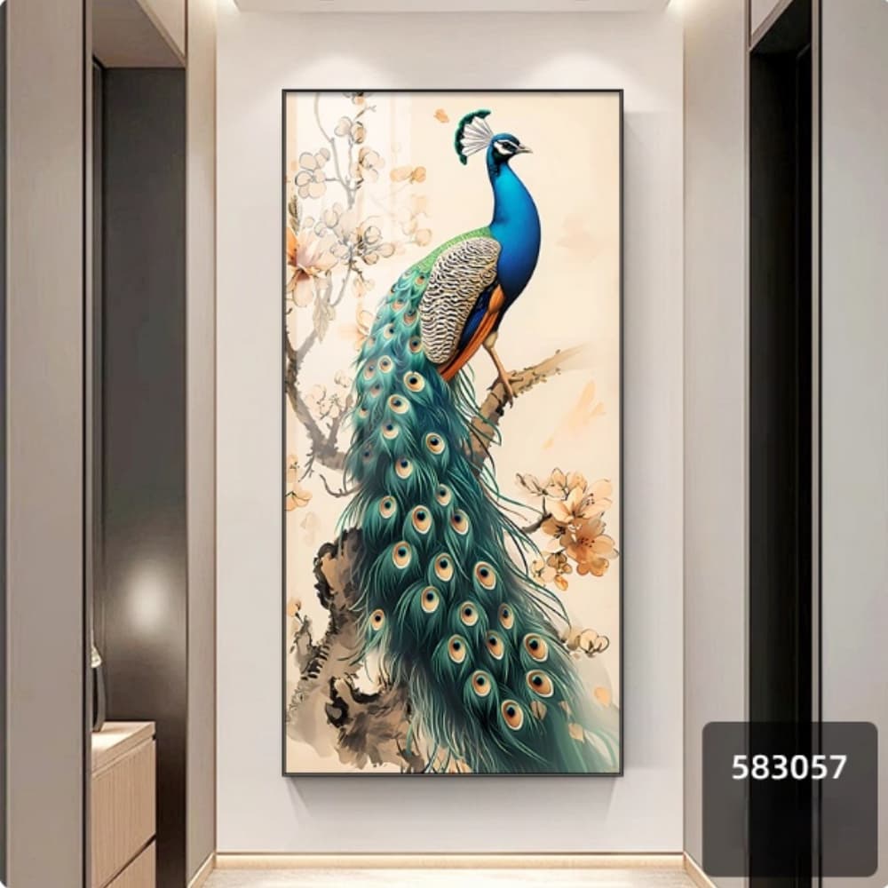 ZHIBUNIAO 織佈鳥 玄關裝飾畫豎版掛畫 入戶客廳墻畫孔雀壁畫 50*100cm晶瓷畫