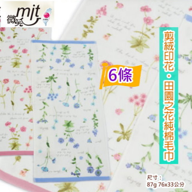 台灣興隆毛巾 田園之花剪絨款純棉毛巾 (6條裝 小資組)【台灣製】