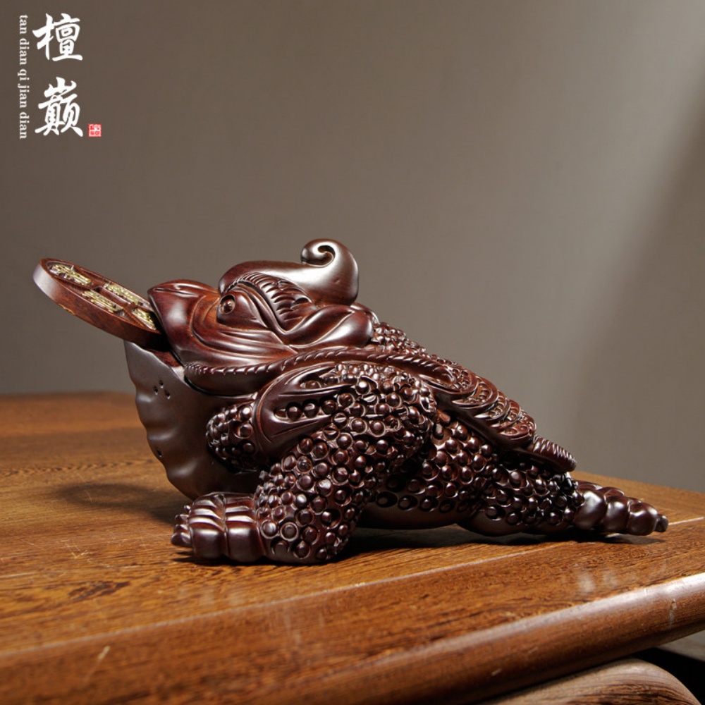 銳達】三足金蟾精雕實木擺飾招財風水工藝品居家櫃檯店面開幕專用賀禮黑