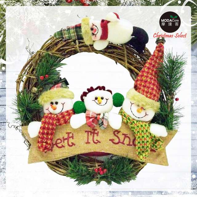 MODACore 摩達客 耶誕-13吋聖誕雪人家族麻布樹藤花圈(本島免運費)