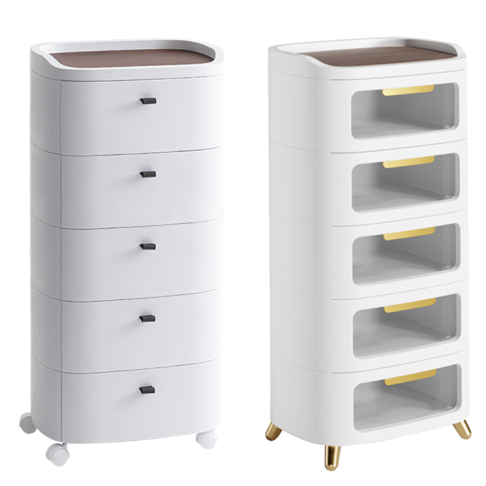 FL生活+ 【FL 生活+】高耐重5層抽屜收納櫃(免安裝/純白滾輪款/透明櫃腳款/收納箱/床頭櫃/置物櫃/YG-170)