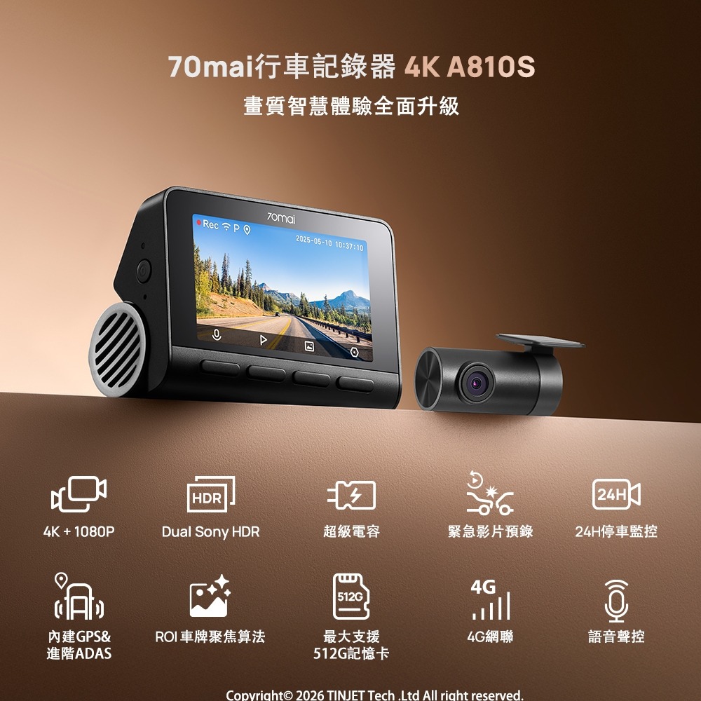 70mai 70邁 70邁 70mai 4K SONY Starvis2 IMX678 大廣角 前後雙錄智慧行車記錄器 A810S+RC24後鏡頭+128GB記憶卡