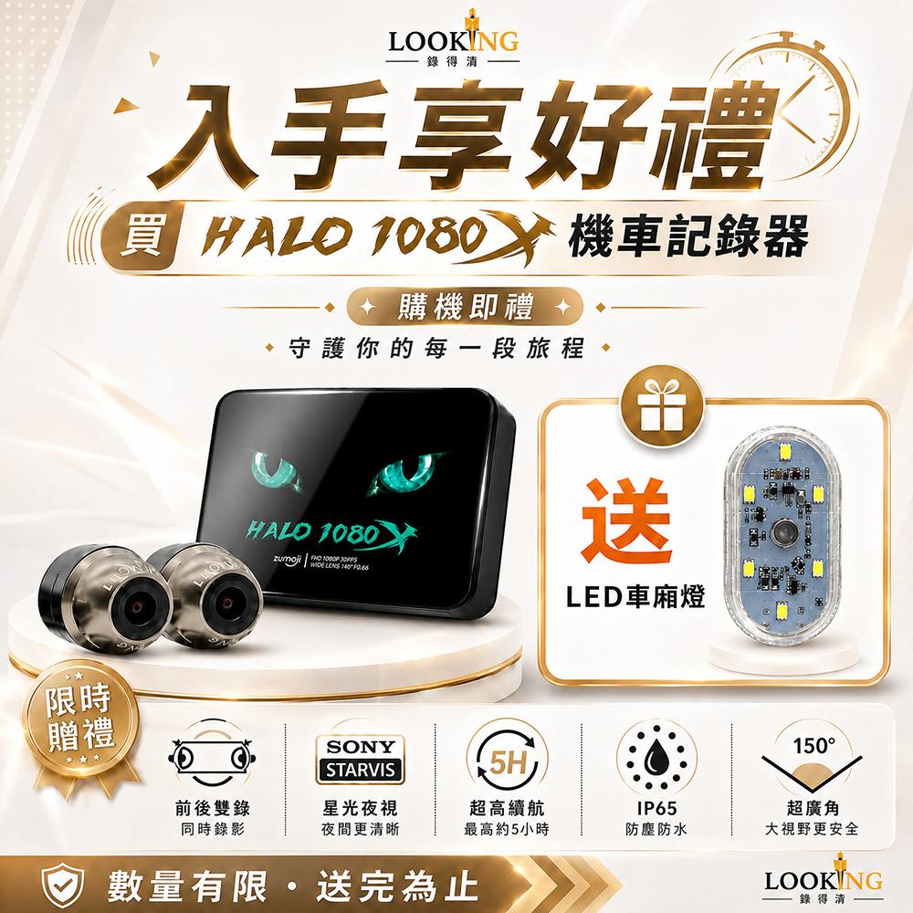 全新小資首選 HALO 1080X 貓貓機 機車行車記錄器 不帶記憶卡版本 (前後雙錄/油電車通用)